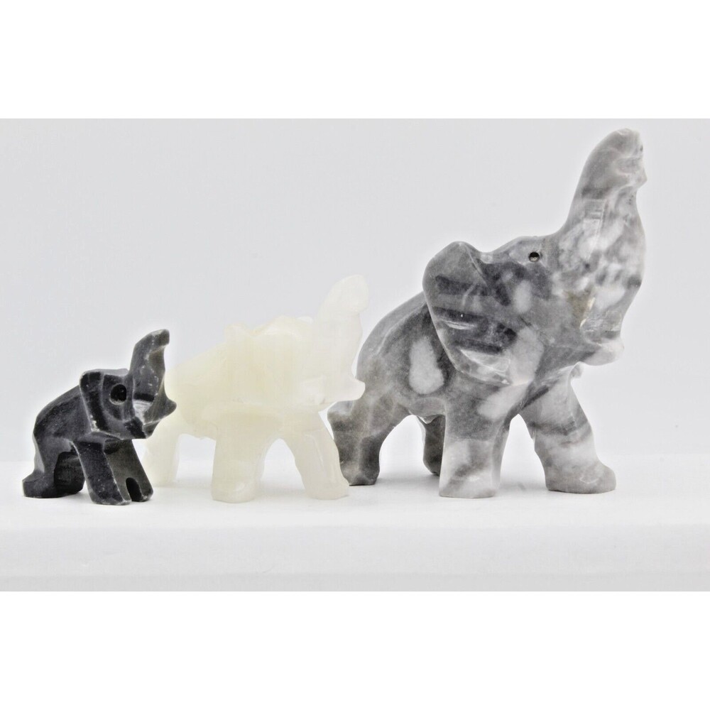 Trunk Up Elephant Figurines Hand Carved Onyx Natural Stone Black White Set of 3